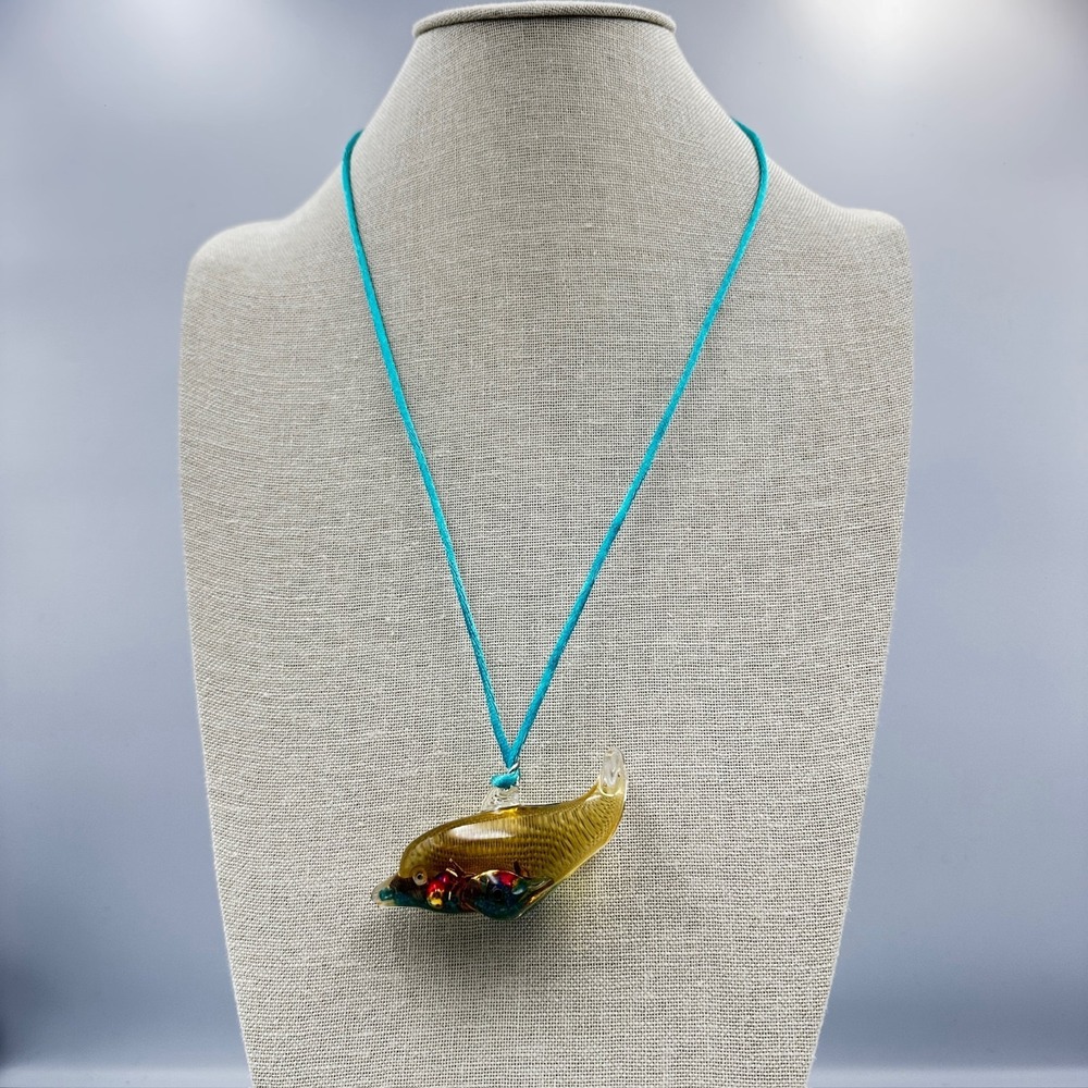 Handblown Glass Dolphin Pendant Necklace Aqua Cord Beachy Art Charm